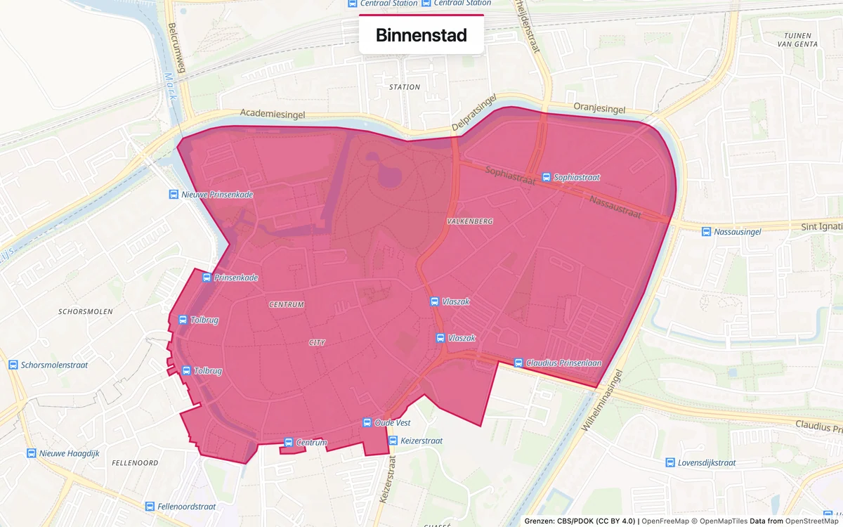 Kaart van het servicegebied Binnenstad
