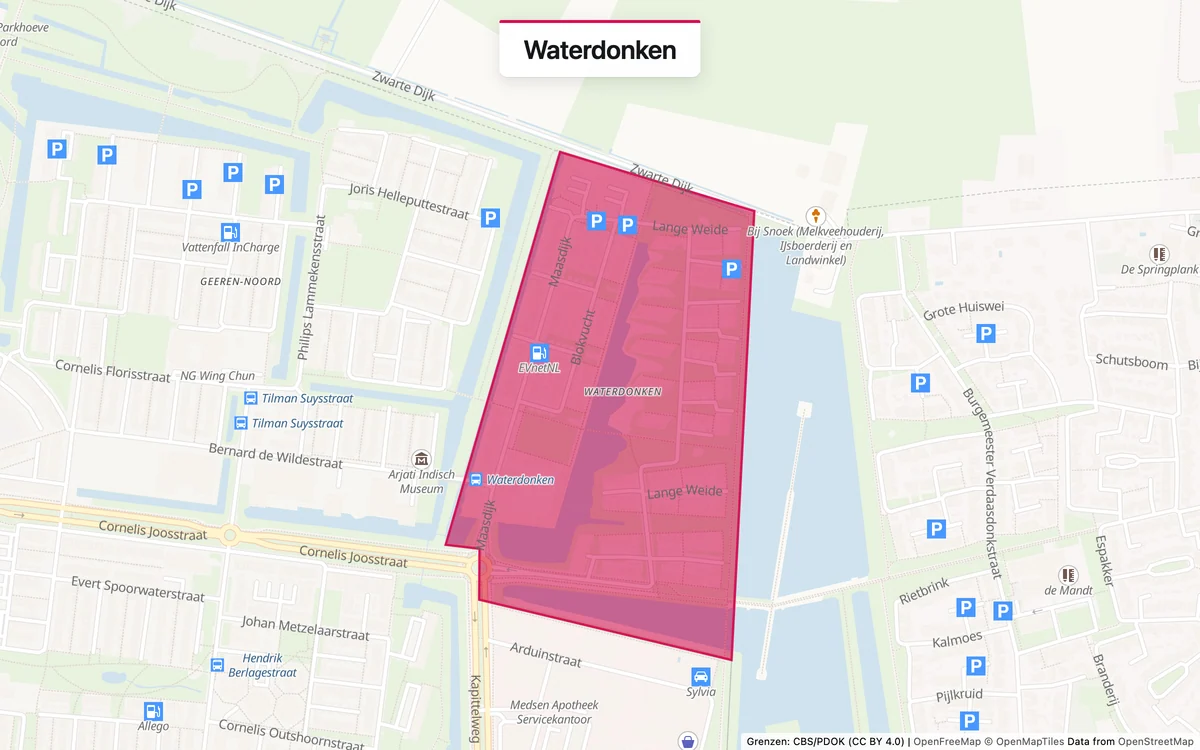 Kaart van het servicegebied Waterdonken