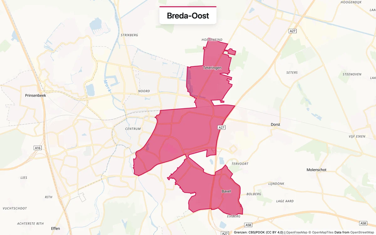 Kaart van het servicegebied Oost