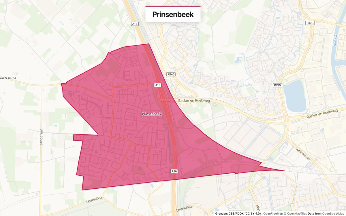 Kaart van het servicegebied Prinsenbeek